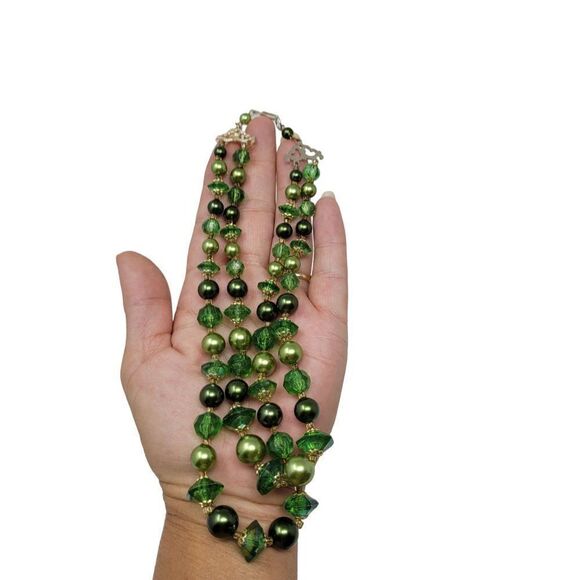 Vintage 80s Double Strand Choker Necklace‎ Green Gold Beaded Multi-strand - Picture 5 of 14